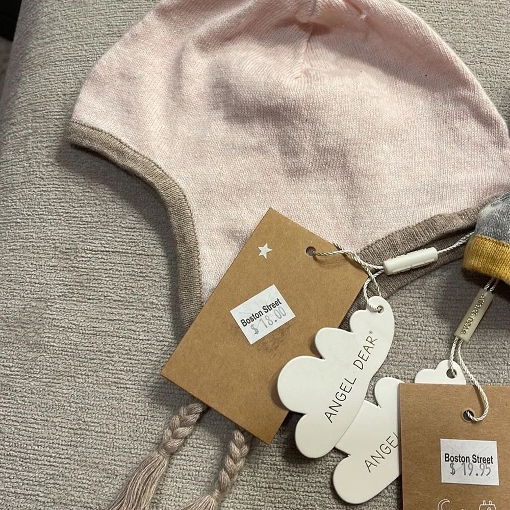 Angel Dear two Braid Trim Cotton Knit Ear Flap Pilot’s  Hat- 0-6 Months